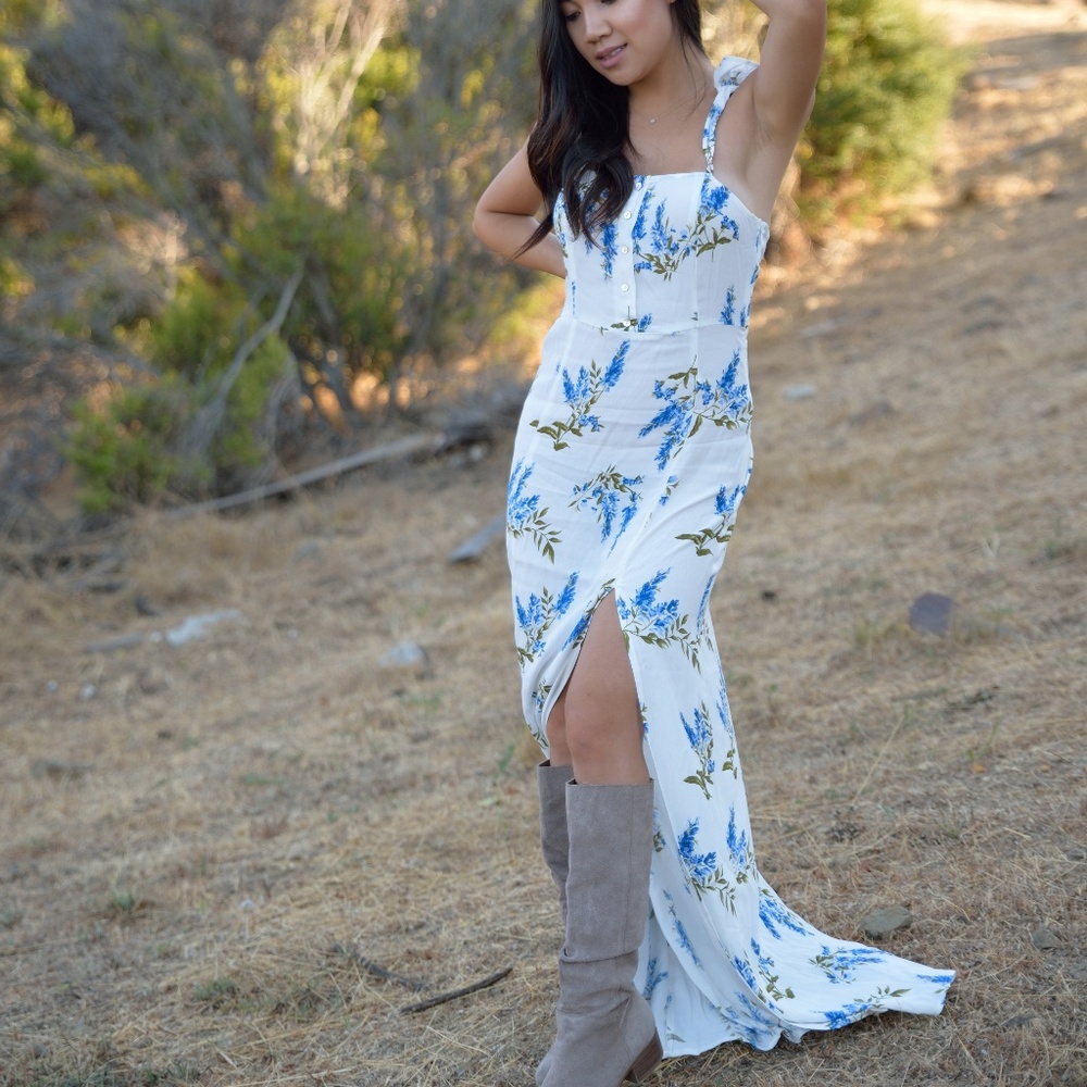 Forever 21 White Blue Floral Dress Slit S NWT